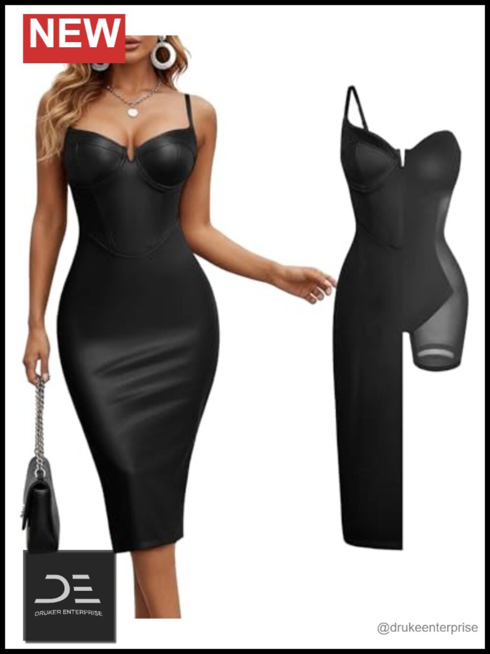 Faux Leather Corset Shapewear Midi Dress Built-in Shapewear